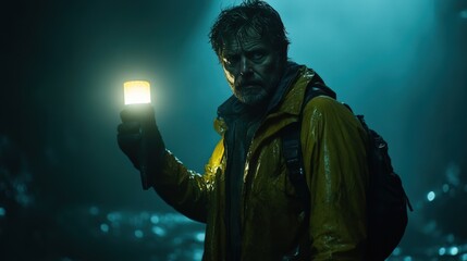 Obraz premium A mature male adventurer in a yellow rain jacket explores a dark, misty cave while holding a flashlight, showcasing determination and courage in the face of uncertainty.