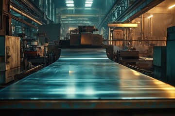 A shiny metal sheet comes out of a coating machine in a Russian factory