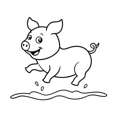 Happy Piglet Jumping in Puddle, Cartoon, Line Art, Coloring Page, Farm Animal, Childrens Book Illust