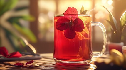 Red Hibiscus tea in glass mug