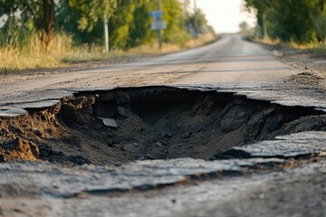 A significant depression in the road caused by a pipeline incident