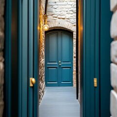 Hidden alleyway with an open blue door leading to a mysterious underground speakeasy