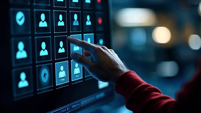 Person selecting user profile on interactive screen