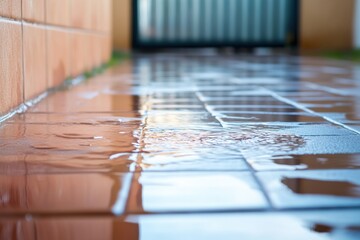 A significant water accumulation on the tiles resulted from a ceiling leak possibly due to a roof issue or a broken pipe