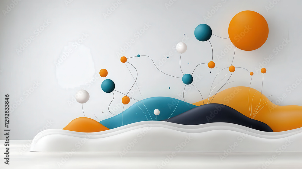 Poster Abstract infographic layout with geometric connections, featuring colorful spheres and wavy shapes in modern design