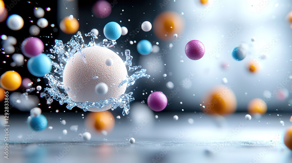Aufkleber dynamic 3D render of levitating abstract sphere surrounded by colorful smaller spheres and liquid splashes, creating sense of motion and energy