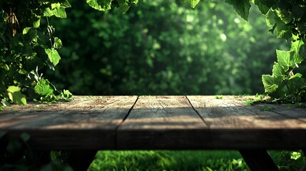 Naklejka premium Rustic Wooden Table with Green Leaves Background