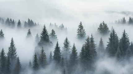 Fog rolling over a mysterious evergreen forest