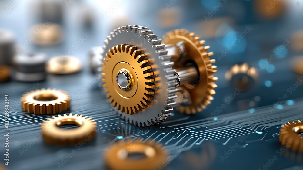 Poster Futuristic gears interlocking on digital circuit board, showcasing precision engineering and innovation. metallic and golden tones highlight advanced technology and mechanical design