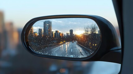 Essential rearview mirror car, clear road reflection automobile side, precise glass behind visibility transport, driving safety modern, vehicle highway path, 8k image