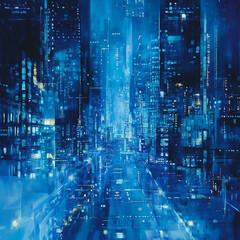 Obraz premium Digital illustrations in blue showcase computer codes and futuristic web designs. Virtual patterns define a future where technology meets business in digital landscapes