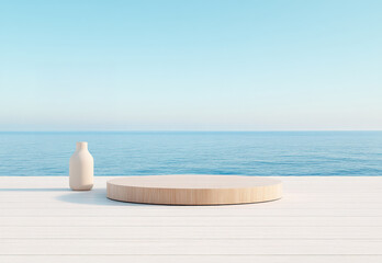 A sea shell, vase and wooden podium with sea view for product display and presentation,  summer minimal background