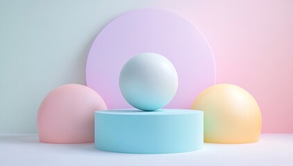 Fototapeta premium Pastel spheres on pastel podiums