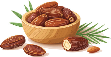 Dates Illustration vector design, Dates in wooden bowl in white background Illustration vector design