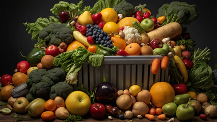 Food Waste &ndash; A trash bin overflowing with fresh fruits and vegetables, symbolizing wastefulness.
