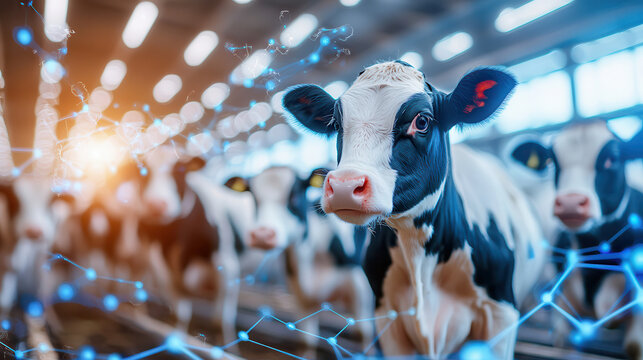 cow in futuristic farm with AI powered holographic analytics, surrounded by digital elements and glowing network, showcasing advanced agricultural technology - Powered by Adobe
