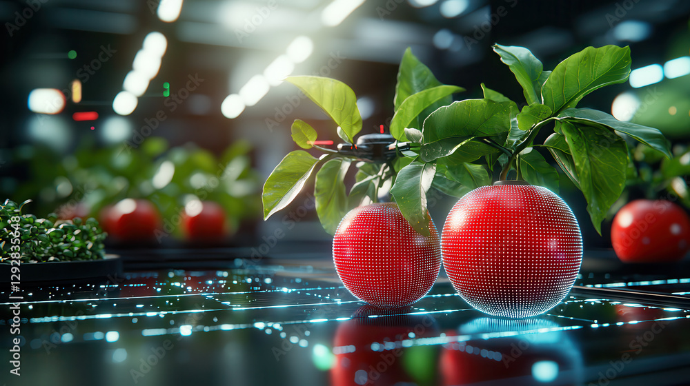 Poster futuristic fruit orchard with ai drones monitoring vibrant red fruit trees, showcasing advanced tech