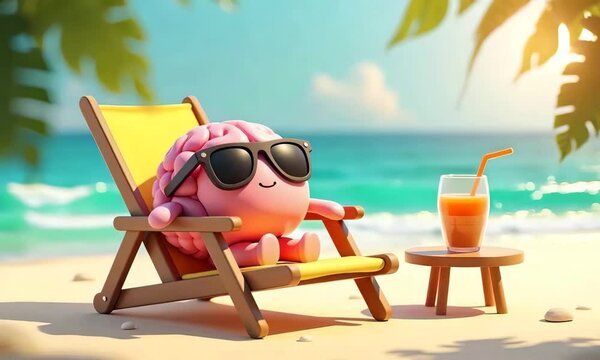 A cartoonish 3D brain character wearing sunglasses relaxes on a beach chair with a tropical drink on a small table nearby. chilling, chill, relax, resting