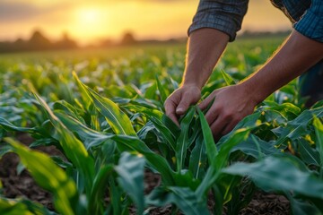 Farmer examining corn crop at sunset in cultivated field