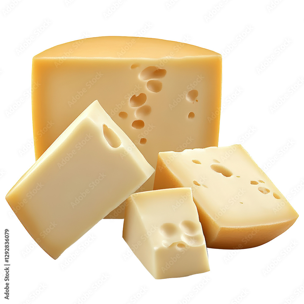 Poster Delicious piece of cheese with perfectly cut slices displayed on a rustic wooden board ready for enjoyment and sharing isolated on transparent background..