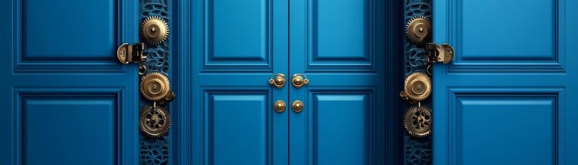 Industrial steampunk-style open blue door with intricate gears and brass details