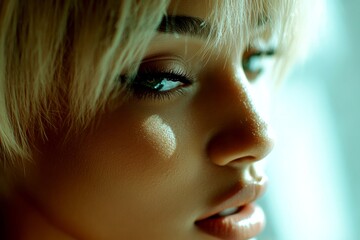 Fototapeta premium Commercial ad campaign visual idea. Short haircut - blond hair. Stunning calm mixed-race girl - for ads, drive poster and social platforms use. Vibrant fashion portraits. Chic haircuts.