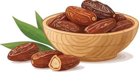 Dates in wooden bowl in white background Illustration vector design