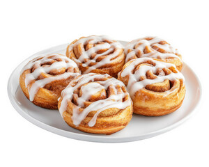 Fototapeta premium Freshly baked cinnamon rolls drizzled with sweet icing on white plate, perfect for dessert or breakfast. Indulge in this delightful treat