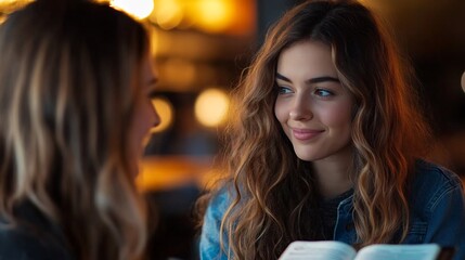 Smiling Woman with Long Curly Hair in Cafe