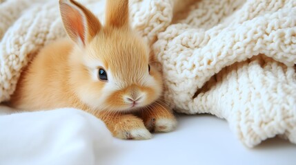 Adorable Young Rabbit Snuggled Among Soft Knit Blanket in a Cozy Indoor Setting