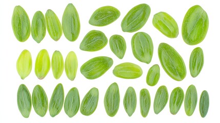 Diverse Collection of Vibrant Green Leaves Displayed in an Artistic Arrangement on White Background