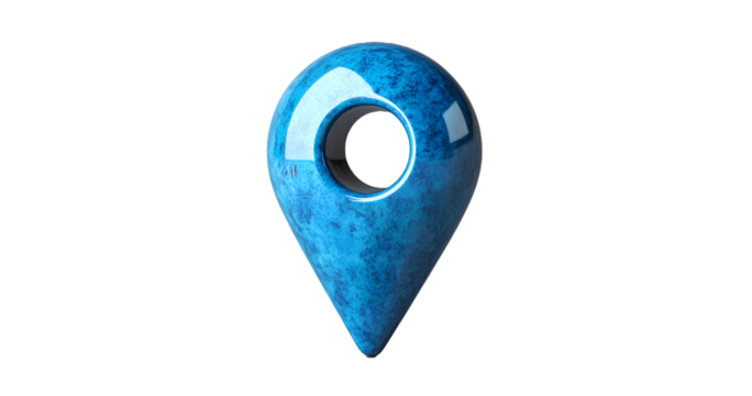 A vibrant blue location marker, symbolizing journeys and discoveries, rendered with a smooth, glossy finish against a stark white background.