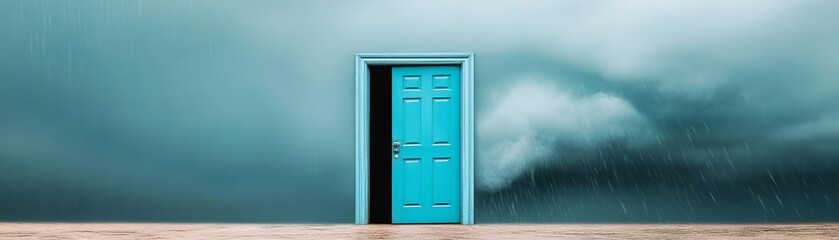 Massive storm approaching an open blue door, dramatic cinematic tension