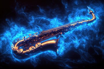 Obraz premium Saxophone engulfed in blue smoke, detailed and vibrant. Perfect for music, jazz, or artistic projects needing a cool, smoky vibe.