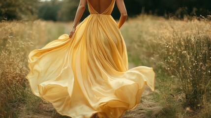 Elegant butter yellow fashion design flowing in a sunlit meadow during a warm summer afternoon
