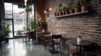 Fototapeta premium Cozy coffee shop experience with rustic brick walls in urban setting interior design inspiration warm ambiance