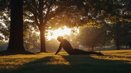 Hypertension patient stretching at sunrise in a peaceful park. Featuring morning exercise and relaxation