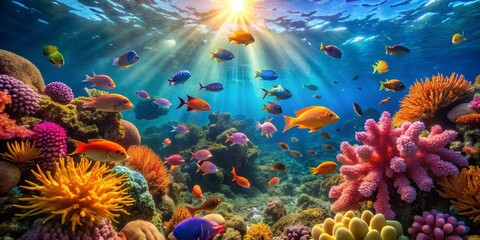 Vibrant Underwater Coral Reef with Colorful Tropical Fish Life