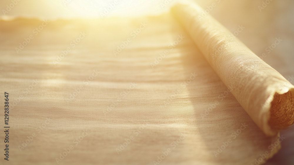 Poster ancient parchment scroll unfurled: a close-up shot showcases a vintage parchment scroll partially un
