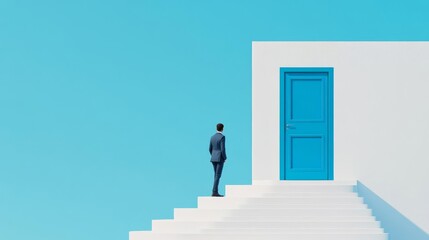 Fototapeta premium Minimalist surreal open blue door on a white endless staircase, concept of choices