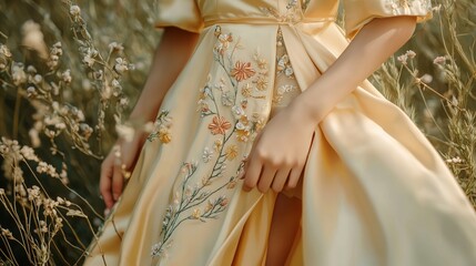 Butter yellow fashion design featuring floral embroidery in a natural outdoor setting during golden hour
