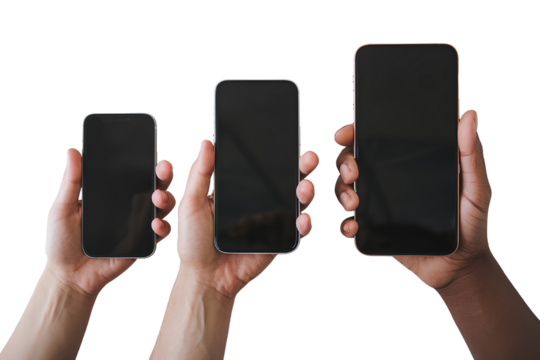 Three Hands Holding Smartphones of Different Sizes Isolated on Transparent Background PNG   - Powered by Adobe