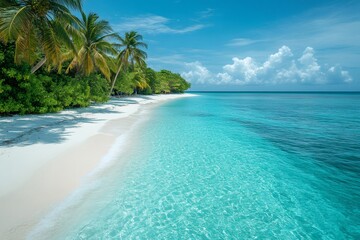 Fototapeta premium Tropical white sand beach meeting turquoise ocean water under blue sky