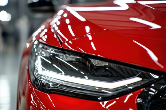 Applying a protective polyurethane film to a car s headlight This film safeguards glass and metal from scratches Focused view