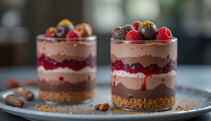 A decadent gourmet chocolate parfait with layers of velvety milk chocolate mousse, tangy raspberry coulis, and a crisp praline base, topped with dark chocolate spheres, fresh berries, and shimmering g