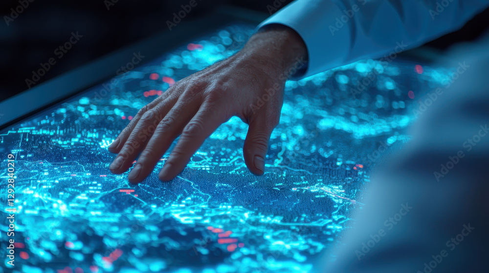 Poster hand interacting with digital map on touchscreen display, showcasing technology and data visualizati