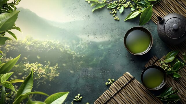 Top view of fresh green tea and tea leaves
