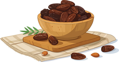 Dates Illustration vector design, Dates in wooden bowl on table in white background Illustration vector design