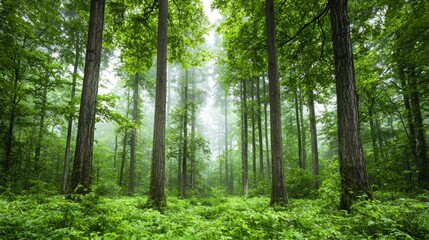 Obraz premium Misty Forest Path Lush green trees, tranquil forest, misty morning, nature background, ideal for travel brochures