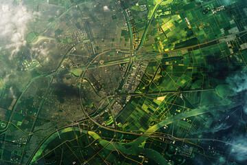 Bird's Eye View of Expanding Urban City with Green Spaces and Water Bodies Highlighted by Satellite Imaging
